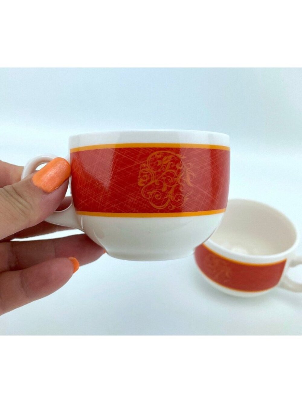Pair of vintage 1970s Arcopal cups, French milk glass, Cappuccino demitasses